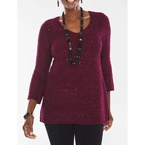 Chicos Sparkly Burgundy Chenille Shine V-Neck Pullover Size 2 / L
